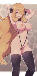  1girl armpits arms_behind_head arms_up black_thighhighs blonde_hair blush breasts cynthia_(pokemon) female_pubic_hair fur_collar grey_eyes hair_ornament hair_over_one_eye highres lamb-oic029 large_breasts long_hair looking_at_viewer navel nipples parted_lips pokemon pokemon_(game) pokemon_dppt pubic_hair revealing_clothes slingshot_swimsuit solo stomach swimsuit thighhighs thighs very_long_hair 