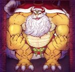  big_muscles bowser bulge christmas christmas_clothing christmas_headwear claws clothed clothing costume hair hat headgear headwear hi_res holidays horn koopa long_beard looking_at_viewer male mario_bros mature_male muscular nintendo pokenerd8 santa_costume santa_hat scalie shell solo spikes topless underwear video_games white_hair 