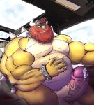  balls beard belly big_muscles bodily_fluids bowser car clothing cum facial_hair genital_fluids genitals grin hat headgear headwear hi_res horn humanoid_genitalia humanoid_penis inside_car koopa long_beard male mario_bros muscular nintendo penis pokenerd8 scalie shell smile solo spikes trucker vehicle vein veiny_penis video_games 