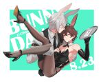  2boys ahoge androgynous animal_ears bangs black_footwear black_leotard black_vest blush border brown_hair brown_pantyhose carrying character_request closed_mouth dated earrings elbow_gloves fingerless_gloves full_body gloves granblue_fantasy green_background grey_gloves grey_hair grey_shirt hair_between_eyes high_heels jewelry legs leotard looking_at_viewer male_focus male_playboy_bunny multiple_boys pantyhose princess_carry rabbit_ears red_eyes ring sandalphon_(granblue_fantasy) shiny shiny_clothes shiny_hair shirt short_hair thighs tki tray upper_body vest wedding_band white_border yaoi 