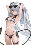  1girl absurdres armpits bangs bikini black_bikini black_choker black_ribbon blue_archive blush breasts choker closed_mouth cowboy_shot day demon_tail eyes_visible_through_hair eyewear_on_head grey_hair hair_over_one_eye hair_ribbon halo hands_in_hair highres iori_(blue_archive) iori_(swimsuit)_(blue_archive) izumi_kei long_hair looking_at_viewer medium_breasts navel official_alternate_costume red_eyes ribbon side-tie_bikini simple_background sky smile solo standing string_bikini sunglasses swimsuit tail thigh_strap twintails very_long_hair white_background 