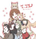  1girl :3 :d ;) anchovy_(girls_und_panzer) animal_on_head animal_on_lap animal_on_shoulder animalization bangs black_hair black_jacket black_skirt blonde_hair blue_eyes blue_jacket blue_skirt brown_eyes brown_hair brown_jacket cat cat_day chi-hatan_military_uniform commentary darjeeling_(girls_und_panzer) dated drill_hair fang girls_und_panzer green_hair grey_jacket hasekura_(hachinochun) highres jacket katyusha_(girls_und_panzer) kay_(girls_und_panzer) keizoku_military_uniform kuromorimine_military_uniform long_hair looking_at_another looking_back mika_(girls_und_panzer) nishi_kinuyo nishizumi_maho nishizumi_miho on_head on_lap one_eye_closed ooarai_military_uniform open_mouth outline paw_print pink_outline pleated_skirt red_jacket short_hair siblings sisters sitting skirt smile st._gloriana&#039;s_military_uniform star_(symbol) trait_connection translated twin_drills twintails yellow_skirt 