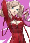  1girl arm_up bangs blazpu blue_eyes bodysuit breasts commentary earrings eyelashes gloves hand_up highres holding jewelry long_hair looking_at_viewer o-ring parted_lips persona persona_5 red_bodysuit simple_background smile solo stud_earrings swept_bangs takamaki_anne turtleneck twintails upper_body whip white_background zipper zipper_pull_tab 
