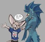  &lt;3 animal_humanoid anthro big_ears blue_body blue_clothing blue_shirt blue_skin blue_topwear brown_body brown_fur canid canine clothing dialogue duo elranno english_text fennec fennec_boy_(elranno) fish fish_boy_(elranno) fish_humanoid fox frill_(anatomy) fur gills hands_clasped humanoid male male/male mammal marine marine_humanoid shirt smile speech_bubble teeth text topwear wide_eyed yellow_eyes yellow_sclera 