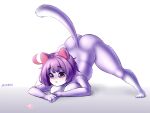  2022 4_fingers absurd_res anthro blush breasts butt domestic_cat felid feline felis female fingers fur hair hi_res jack-o&#039;_pose laser_pointer lndrmnn mammal masyunya_(vkontakte) nude pose purple_body purple_eyes purple_fur purple_hair purple_tail simple_background solo vkontakte white_body white_fur 