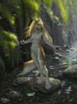  2022 4_toes 5_fingers anthro aurru barefoot black_nose blue_eyes breasts brown_body brown_fur canid canine canis day detailed_background digital_media_(artwork) digitigrade feet female fingers fish fur mammal marine nude outside river rock smile solo_focus toes white_body white_fur wolf 