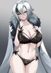  1girl absurdres arlecchino_(genshin_impact) bangs black_bra black_hair black_panties blush bra breasts cleavage coat coat_on_shoulders collarbone fur-trimmed_coat fur_trim genshin_impact grey_eyes grey_hair hair_between_eyes highres large_breasts looking_at_viewer multicolored_hair navel panties red_pupils short_hair smile solo streaked_hair symbol-shaped_pupils thighs tian_kazuki underwear white_coat x-shaped_pupils 