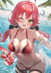  1girl ;d absurdres ahoge bangs bikini blush breasts cleavage collarbone cup dodota dot_nose food fruit green_eyes hair_between_eyes hair_ornament hairclip halterneck highres holding holding_cup hololive ice_cream ice_cream_float long_hair looking_at_viewer low_twintails medium_breasts navel ocean one_eye_closed open_mouth outdoors pink_hair red_bikini sakura_miko smile solo strawberry string_bikini swimsuit thigh_strap twintails virtual_youtuber water wet 
