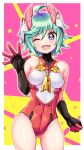  1girl ;d ahoge ass_visible_through_thighs azure_striker_gunvolt bangs black_gloves clenched_hand commentary cougar_(cougar1404) covered_navel cowboy_shot gloves green_hair headgear leotard looking_at_viewer one_eye_closed open_mouth outside_border pink_background red_leotard roro_(gunvolt) short_hair sleeveless smile solo standing two-tone_background waving yellow_background 