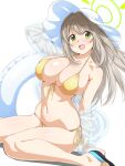  1girl :d bangs bikini blue_archive blush breasts brown_hair bursting_breasts cleavage collarbone front-tie_bikini front-tie_top green_eyes halo hat inflatable_toy innertube large_breasts light_brown_hair loliconder long_hair looking_at_viewer navel nonomi_(blue_archive) nonomi_(swimsuit)_(blue_archive) open_mouth revision see-through see-through_sleeves side-tie_bikini simple_background sitting skindentation smile solo sun_hat swimsuit thick_thighs thighs wariza white_background white_headwear yellow_bikini 