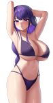  1girl absurdres armpits arms_behind_head bangs bikini blush breasts closed_mouth commentary_request genshin_impact highres huge_breasts lkdv long_hair looking_at_viewer mole mole_under_eye navel purple_bikini purple_eyes purple_hair raiden_shogun revision simple_background solo swimsuit white_background 
