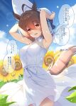  1girl agnes_tachyon_(umamusume) ahoge alternate_costume animal_ears armpits bangs breasts brown_hair cloud collared_dress cowboy_shot day dress flower hat highres horse_ears horse_girl horse_tail komi_zumiko looking_at_viewer medium_breasts medium_hair open_mouth outdoors red_eyes sleeveless sleeveless_dress smile solo speech_bubble sun_hat sunflower sunlight tail translation_request twitter_username umamusume white_dress white_headwear wind 