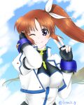  1girl ;) bangs blue_eyes blue_sky brown_hair closed_mouth cloud cloudy_sky cropped_jacket dated day dress hair_ribbon hand_in_own_hair high_collar highres jacket juliet_sleeves leonis_g long_hair long_sleeves looking_at_viewer lyrical_nanoha magical_girl one_eye_closed outdoors puffy_sleeves ribbon side_ponytail sky smile solo takamachi_nanoha twitter_username v valentine white_dress white_jacket white_ribbon wind 