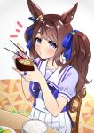  1girl animal_ears bangs blurry blurry_background blush bowl breasts brown_hair chair chopsticks food grey_eyes highres holding holding_bowl holding_chopsticks horse_ears jewelry long_hair looking_at_viewer medium_breasts multicolored_nails notice_lines puckered_lips puffy_short_sleeves puffy_sleeves purple_shirt rice ring school_uniform shirt short_sleeves sitting skirt solo soup table tohka_10days tosen_jordan_(umamusume) tracen_school_uniform twintails twitter_username umamusume white_skirt 