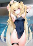  1girl absurdres arm_behind_head arm_strap armpits arms_up bangs blonde_hair blue_swimsuit blurry blurry_background blush breasts cameltoe covered_navel cowboy_shot hair_between_eyes hair_intakes hair_ornament highres konjiki_no_yami long_hair looking_at_viewer medium_breasts one-piece_swimsuit parted_lips pool red_eyes solo standing swimsuit thigh_gap thigh_strap to_love-ru very_long_hair yukineko1018 