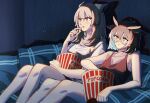  2girls :t antenna_hair arknights blush brown_hair brown_tank_top bucket feet_out_of_frame food glasses grey_hair highres holding holding_bucket holding_food long_hair multiple_girls night orange_eyes owl_ears parted_lips pillow popcorn ptilopsis_(arknights) semi-rimless_eyewear shadow shirt short_hair silence_(arknights) sitting tank_top under-rim_eyewear watching_television white_shirt yellow_eyes zy_(zyyyyyyy9) 