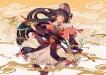  1girl bangs black_hair chinese_clothes closed_eyes closed_mouth eyebrows_behind_hair genshin_impact hair_ornament hat holding holding_polearm holding_weapon lance mono_(freerotary) polearm ribbon skirt smile solo weapon yun_jin_(genshin_impact) 