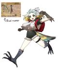  1girl :3 absurdres animal animal_feet animal_hands backpack bag bird bird_legs bird_tail black_hoodie black_nails black_shorts blonde_hair colored_sclera dolphin_shorts fang feathers fingernails full_body gomulgong gradient_hair green_hair grey_hair grey_sclera hand_up harpy highres hood hoodie leg_up midriff_peek monster_girl multicolored_hair open_mouth original personification pony ponytail red_bag running sharp_fingernails short_ponytail short_sleeves shorts simple_background solo streaked_hair tail talons thigh_strap white_background white_hoodie yellow_eyes 
