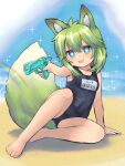  1girl :d animal_ear_fluff animal_ears bangs bare_arms bare_legs bare_shoulders barefoot beach black_sweater blue_eyes breasts commentary_request full_body hair_between_eyes highres holding looking_at_viewer m.m multicolored_hair name_tag old_school_swimsuit on_ground one-piece_swimsuit original rainbow sand school_swimsuit short_eyebrows small_breasts smile solo sparkle streaked_hair sweater swimsuit tail thick_eyebrows water water_gun white_hair 