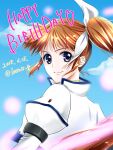  1girl blue_eyes blue_sky blurry blurry_foreground brown_hair cloud dated day depth_of_field english_text from_behind hair_ribbon happy_birthday heart highres jacket juliet_sleeves leonis_g long_hair long_sleeves looking_at_viewer looking_back lyrical_nanoha magical_girl outdoors puffy_sleeves ribbon side_ponytail sky solo takamachi_nanoha twitter_username upper_body white_jacket white_ribbon 