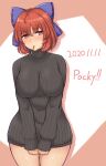 1girl absurdres alternate_costume black_sweater blue_bow blush bow breasts commentary_request dated dress food hair_bow highres large_breasts looking_at_viewer mani_padme pocky pocky_in_mouth red_eyes red_hair ribbed_sweater sekibanki short_hair solo sweater sweater_dress touhou turtleneck turtleneck_sweater 