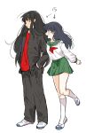  1boy 1girl alternate_form arrow_(symbol) awarinko bangs black_hair black_pants character_age contemporary gakuran green_skirt hand_in_pocket hand_on_another&#039;s_arm height_difference higurashi_kagome inuyasha inuyasha_(character) kneehighs long_hair long_sleeves looking_at_another messy_hair midriff_peek miniskirt necktie open_mouth pants pleated_skirt profile puffy_long_sleeves puffy_sleeves red_necktie school_uniform serafuku shoes side-by-side simple_background skirt socks standing standing_on_one_leg uwabaki white_background white_footwear white_socks 