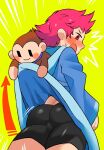  1girl ass bike_shorts blush hood hoodie kumatora looking_at_viewer looking_back monkey mother_(game) mother_3 oasis_(magnitude711) open_mouth pink_eyes pink_hair short_hair simple_background solo suggestive_fluid 