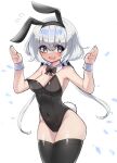  1girl animal_ears bare_shoulders black_leotard black_thighhighs breasts bunny_pose cleavage covered_navel cowboy_shot detached_collar dot_nose fake_animal_ears fake_tail flying_sweatdrops grey_hair hair_between_eyes hands_up highleg highleg_leotard highres konno_junko korean_commentary leotard low_twintails o2h2_oh4 open_mouth petals playboy_bunny rabbit_tail shadow simple_background small_breasts solo strapless strapless_leotard tail teeth thighhighs twintails upper_teeth white_background wrist_cuffs zombie_land_saga 