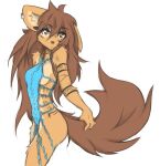 anthro apogee_(tinygaypirate) arm_tuft black_nose breasts brown_body brown_eyes brown_fur brown_hair butt canid canine canis cheek_tuft clothed clothing cowlick domestic_dog ear_piercing elbow_tuft eyebrow_through_hair eyebrows eyelashes facial_markings facial_piercing facial_tuft female floppy_ears fur furgonomics furry-specific_piercing gauged_ear grey_background hair head_markings hi_res holding_tail inner_ear_fluff leg_tuft lingerie long_hair mammal markings messy_hair mottled mottled_nose muzzle_piercing no_underwear nose_piercing piercing pink_nose side_boob simple_background slim solo spitz standing tinygaypirate translucent translucent_hair tuft 