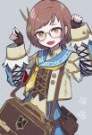  1girl :d arm_up bag bangs blue_dress brown_eyes brown_gloves brown_hair brown_jacket chichae_(monster_hunter) commentary_request dress fingerless_gloves glasses gloves grey-framed_eyewear grey_background hand_up highres jacket layered_sleeves long_sleeves looking_at_viewer monster_hunter_(series) monster_hunter_rise neckerchief papaia_(quentingqoo) short_eyebrows short_over_long_sleeves short_sleeves simple_background smile solo swept_bangs thick_eyebrows yellow_neckerchief 