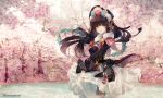  1girl bangs black_hair braid braided_ponytail cherry_blossoms chinese_clothes clothes_lift eyebrows_behind_hair genshin_impact hair_ornament hat highres long_hair looking_at_viewer mintysammy red_eyes skirt skirt_lift smile solo water yun_jin_(genshin_impact) 