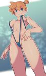  1girl bangs blonde_pubic_hair blue_eyes blue_swimsuit breasts brown_hair female_pubic_hair from_below hand_on_hip highres lamb-oic029 looking_at_viewer misty_(pokemon) pokemon pubic_hair side_ponytail slingshot_swimsuit smile swimsuit underboob 