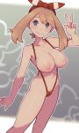  1girl blue_eyes breasts breasts_out brown_hair female_pubic_hair hairband highres lamb-oic029 large_breasts looking_at_viewer may_(pokemon) nipples pokemon pubic_hair red_hairband red_swimsuit sidelocks slingshot_swimsuit smile swimsuit v 