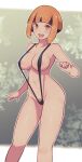  1girl :d alternate_costume areola_slip bangs black_hair black_swimsuit blunt_bangs blush breasts commentary_request covered_nipples female_pubic_hair gardenia_(pokemon) highres knees lamb-oic029 multicolored_hair open_mouth orange_eyes orange_hair outline pokemon pokemon_(game) pokemon_dppt pubic_hair pubic_hair_peek short_hair slingshot_swimsuit smile solo standing swimsuit teeth tongue two-tone_hair upper_teeth 