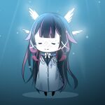  1girl chibi closed_eyes coat columbina_(genshin_impact) eye_mask genshin_impact hair_ornament light_particles long_coat long_hair maskalter333 smile white_coat 