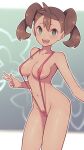  1girl :d alternate_costume areola_slip bangs blush breasts bright_pupils brown_hair collarbone commentary_request eyelashes female_pubic_hair green_eyes highres lamb-oic029 looking_at_viewer navel open_mouth outline pink_swimsuit pokemon pokemon_(game) pokemon_xy pubic_hair pubic_hair_peek shauna_(pokemon) shiny shiny_skin slingshot_swimsuit smile solo swimsuit teeth tongue upper_teeth w 
