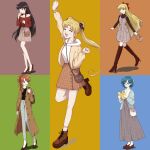  aino_minako bishoujo_senshi_sailor_moon blonde_hair blue_hair book closed_eyes coat dress full_body highres hino_rei kino_makoto long_hair mizuno_ami one_eye_closed open_mouth shoes short_hair skirt tsukino_usagi yosh.i 