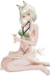  1girl absurdres animal_ear_fluff animal_ears arknights bangs bare_arms bare_legs bare_shoulders barefoot blonde_hair breasts casual_one-piece_swimsuit cat_ears cleavage closed_mouth covered_navel cup drink drinking_glass green_eyes green_swimsuit hair_intakes highres holding holding_cup kal&#039;tsit_(arknights) kirsos looking_at_viewer medium_breasts one-piece_swimsuit sarong short_hair_with_long_locks sideboob sidelocks simple_background sitting solo swimsuit twitter_username wariza white_background 