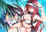  1girl arm_up armpits bangle bare_shoulders bikini black_bikini bracelet breasts cleavage closed_mouth elesis_sieghart from_above glint grand_chase jewelry large_breasts long_hair looking_at_viewer low_ponytail navel official_art parfait red_eyes red_hair shading_eyes shoulder_tattoo sitting smile solo stomach surfboard swimsuit tattoo thigh_strap thighs third-party_source two-tone_bikini very_long_hair visor_cap watch water white_bikini wristwatch 