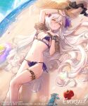  1girl 2022 absurdres apple arm_up artist_name azu-taro bangs beach breasts company_name copyright copyright_name crab evertale feet_out_of_frame food fruit hair_between_eyes hat highres long_hair looking_at_viewer lying medium_breasts official_art on_back parted_lips snow_white_(evertale) solo straw_hat swimsuit very_long_hair white_hair yellow_eyes 
