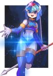  1girl :d android blue_eyes blue_footwear blue_headwear bodysuit boots border breasts commentary_request glint happy helmet highres holding holding_polearm holding_weapon leg_up leviathan_(mega_man) looking_at_viewer mega_man_(series) mega_man_zero open_mouth outside_border polearm small_breasts smile solo sparkle spear standing standing_on_one_leg teeth tesshii_(riza4828) thigh_boots upper_teeth weapon white_border 