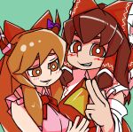  2girls ascot bangs blush bow breasts bright_pupils brown_eyes brown_hair collared_shirt commentary_request cookie_(touhou) detached_sleeves frilled_bow frilled_hair_tubes frilled_shirt_collar frills green_background grin hair_bow hair_tubes hakurei_reimu highres ibuki_suika jijii_(nicoseiga91467756) kanna_(cookie) long_hair looking_at_viewer medium_breasts multiple_girls parody pink_skirt red_bow red_shirt scotch_(cookie)_(style) shirt sidelocks skirt sleeveless sleeveless_shirt smile style_parody touhou upper_body white_pupils white_sleeves wide_sleeves yamin_(cookie) yellow_ascot 