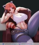  absurd_res animal_humanoid big_breasts bodily_fluids bottomwear breasts canid canid_humanoid canine canine_humanoid cleavage clothed clothing female gadthegod hi_res humanoid mammal mammal_humanoid pants shirt solo sweat tanuki_humanoid topwear wide_hips 