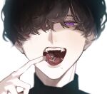  1boy 1other absurdres bangs black_hair blurry brown_hair copyright_request depth_of_field eyelashes fangs finger_to_mouth hair_over_one_eye hand_up harusame_021 highres long_sleeves looking_at_viewer looking_down minigirl mole mole_under_mouth one_eye_closed one_eye_covered open_mouth portrait purple_eyes saliva simple_background size_difference teeth tongue tongue_grab turtleneck upper_teeth vore wavy_hair white_background 