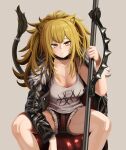  1girl animal_ears arknights bags_under_eyes bangs bare_legs black_choker black_jacket blonde_hair breasts brown_eyes bubble99 chair choker cleavage collarbone fur-trimmed_jacket fur-trimmed_shorts fur_trim hair_between_eyes highres holding holding_weapon hunched_over jacket large_breasts leather leather_jacket lion_ears lion_girl lion_tail long_hair looking_at_viewer ponytail red_shorts short_shorts shorts sidelocks siege_(arknights) sitting solo studded_choker tail tail_ornament tail_ring tank_top thighs war_hammer weapon white_tank_top 