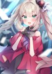  1girl :d ameshizuku_natsuki bangs bare_shoulders black_dress black_gloves blue_eyes blunt_bangs blurry blurry_background blush dated detached_sleeves diamond_(shape) dress fate/grand_order fate_(series) gloves hair_between_eyes hair_ornament hair_twirling hands_on_own_chest long_hair looking_at_viewer marie_antoinette_(fate) necktie open_mouth own_hands_together puffy_sleeves purple_necktie red_shirt shirt sidelocks signature sleeveless sleeveless_dress smile solo twintails white_hair 