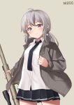  ahoge bangs black_necktie black_skirt blush bolt_action breasts brown_background brown_jacket character_name cheytac_m200 closed_mouth collared_shirt girls&#039;_frontline grey_eyes grey_hair gun highres holding holding_gun holding_weapon jacket ki-51_(ampullaria) looking_at_viewer m200_(girls&#039;_frontline) necktie open_clothes open_jacket pleated_skirt rifle shirt short_hair simple_background skirt sniper_rifle sniper_scope thighs weapon white_shirt 