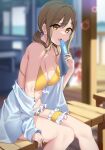  1girl absurdres bangs bench bikini blurry blurry_background breasts bridal_garter brown_eyes brown_hair cleavage food frilled_bikini frills hand_up highres holding holding_food kunikida_hanamaru large_breasts lens_flare long_hair looking_at_viewer love_live! love_live!_sunshine!! low_twintails off_shoulder open_mouth popsicle shirt sidelocks sitting solo strap_gap swimsuit teeth twintails upper_teeth white_shirt yamaori_(yamaorimon) yellow_bikini 