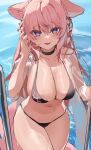  1girl absurdres bikini black_bikini black_choker braid breasts choker cleavage collarbone cowboy_shot coyote_ears double_bun fang hair_bun hakui_koyori halter_top halterneck hand_up highres hololive kithera large_breasts long_hair looking_at_viewer navel open_mouth pink_hair pool_ladder purple_eyes skindentation smile solo stomach string_bikini swimsuit thighs very_long_hair virtual_youtuber water wet 