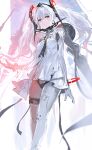  +_+ 1girl alchemaniac black_necktie bodysuit closed_mouth copyright_request dress feet_out_of_frame gloves hair_intakes hair_ornament highres looking_at_viewer necktie parted_lips short_dress solo standing twintails white_bodysuit white_dress white_hair 